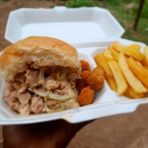 Chicken Mayo Stuffed Bun and Chicken Pops with Chips